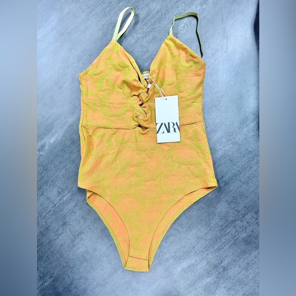 ZARA Bright Lime Green and Orange Floral Adjustable Strap Tank Top Bodysuit - Picture 1 of 6